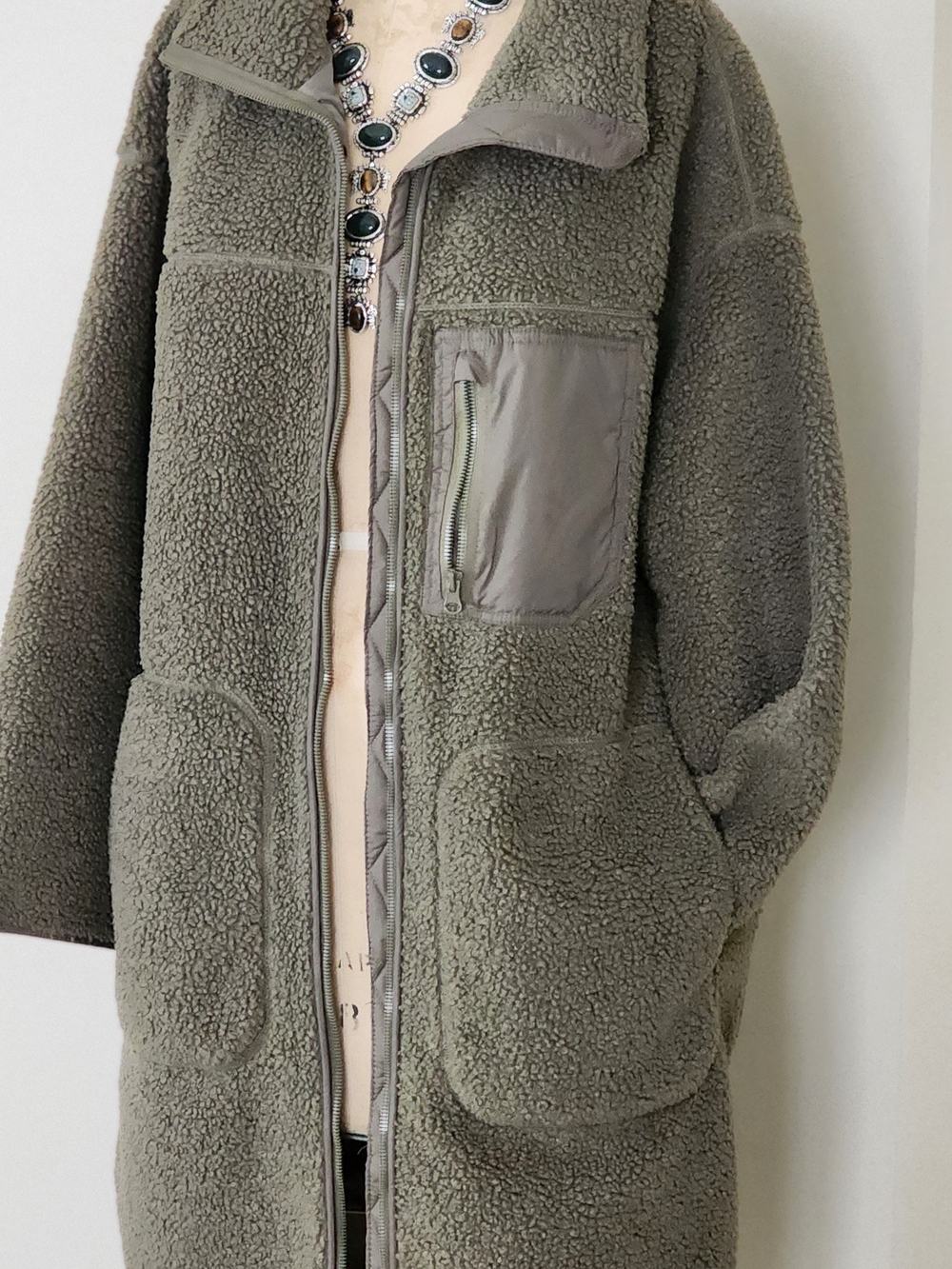 H&M Olive Green Teddy Fleece Knee Length Long Coat